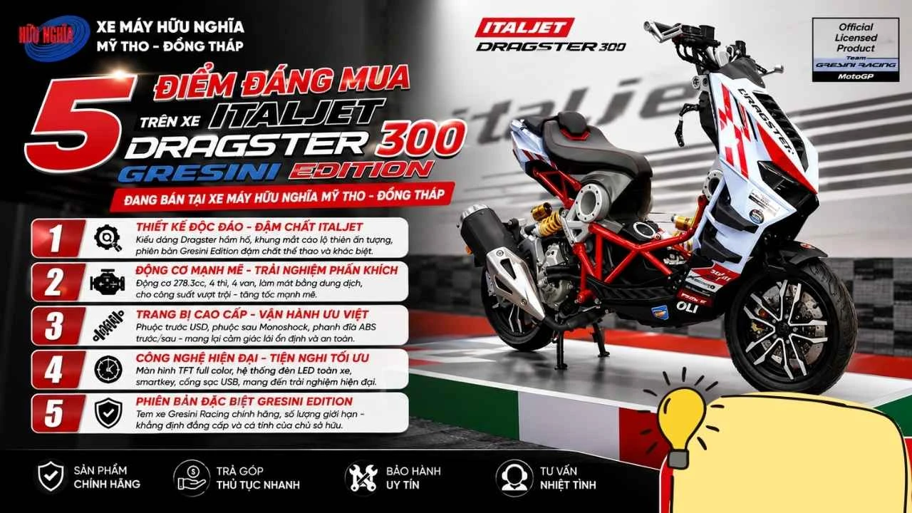 5 điểm đáng giá dành cho dân chơi xe sành điệu khi mua Italjet Dragster 300 Gresini Edition 1 5 diem dang gia danh cho dan choi xe sanh dieu khi mua Italjet Dragster 300 Gresini Edition