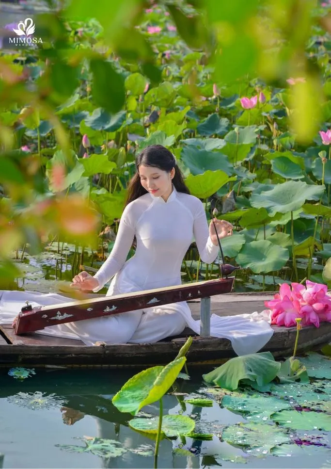 Tạo dáng chụp sen đẹp bên đàn thêm phần duyên dáng