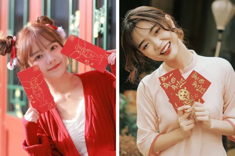 Tạo dáng chụp ảnh áo dài Tết với bao lì xì