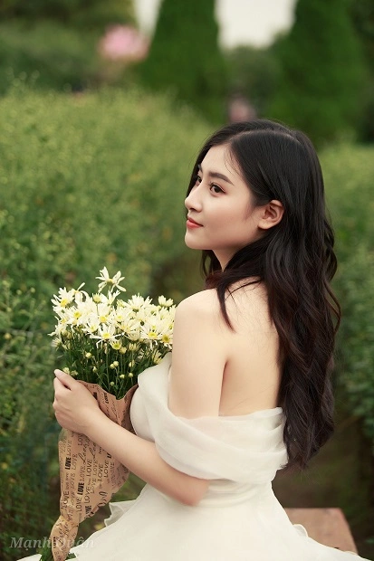 Tạo dáng với cúc họa mi quay lưng về phía ống kính