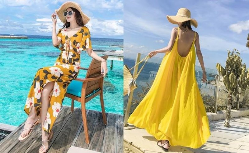Tạo dáng chụp ảnh biển nghệ thuật với váy maxi