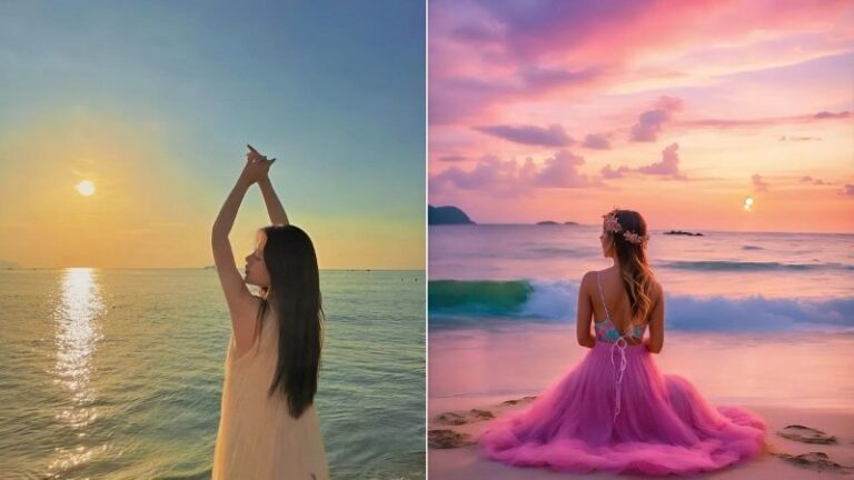 Tạo dáng chụp ảnh biển nghệ thuật giấu mặt 
