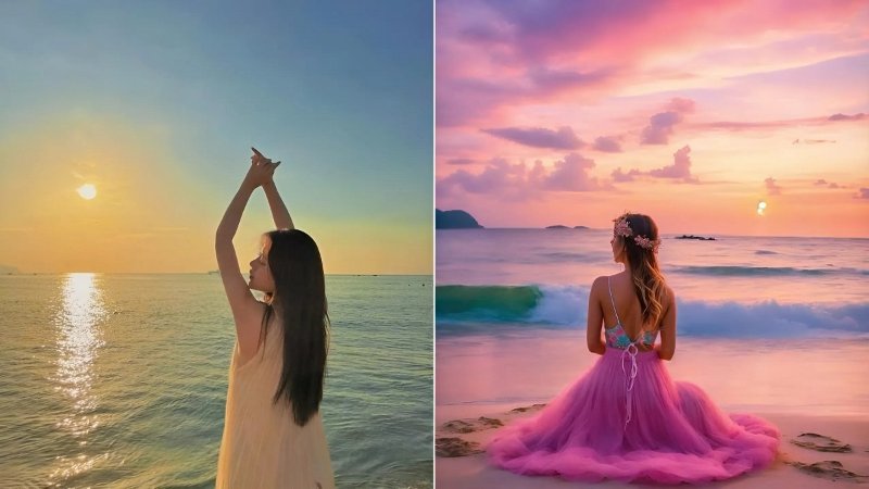 Tạo dáng chụp ảnh nghệ thuật vào lúc bình minh trên biển