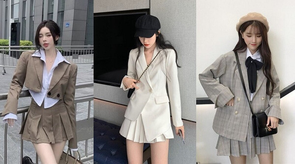 Áo blazer mix với chân váy chữ A phối đồ đi chụp kỷ yếu phong cách hiện đại