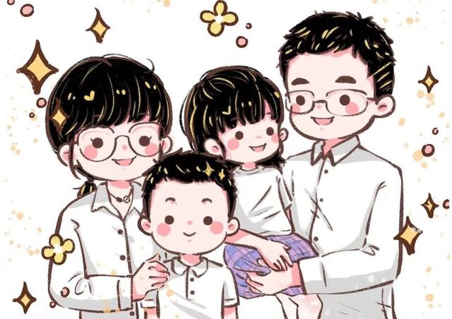 Hình ảnh gia đình hoạt hình chibi hạnh phúc, ấm áp