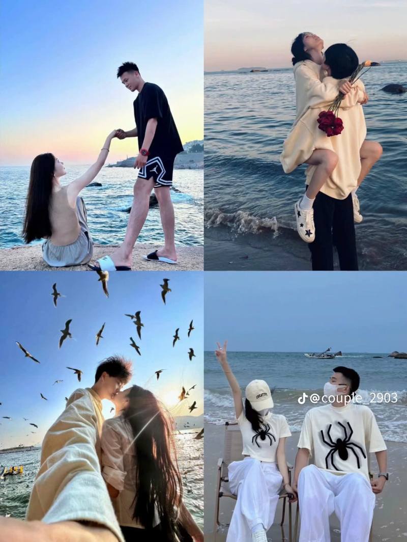 Chụp ảnh couple ở biển ngồi cạnh nhau trên ghế dã ngoại