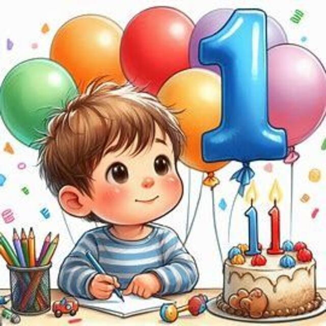 Hình chibi bé trai sinh nhật có bánh kem, bong bóng