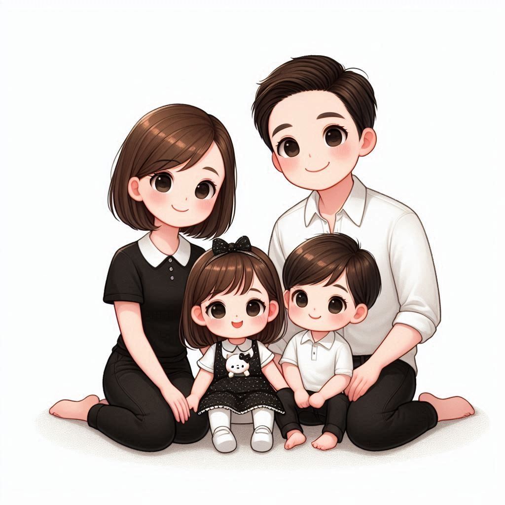 Hình chibi bé trai thôi nôi cùng bố mẹ đáng yêu