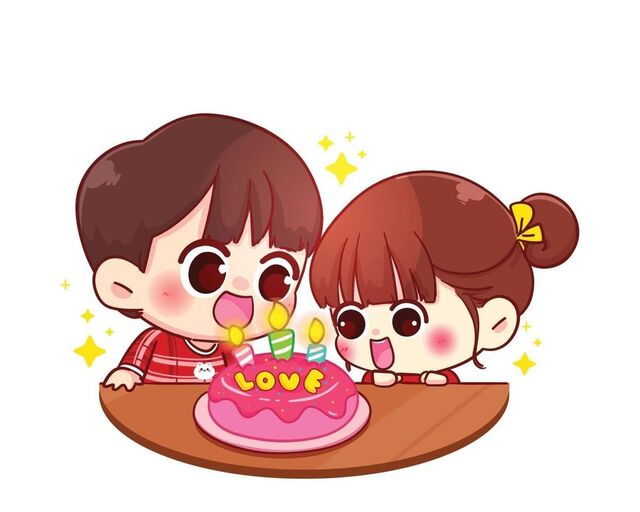 Hình chibi bé trai sinh nhật bên bạn bè vui vẻ