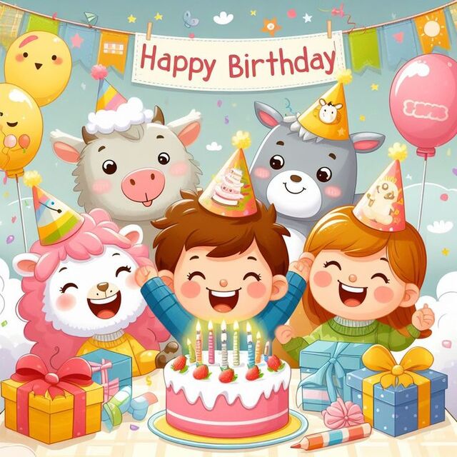 Hình chibi bé trai chúc mừng sinh nhật cùng bạn bè