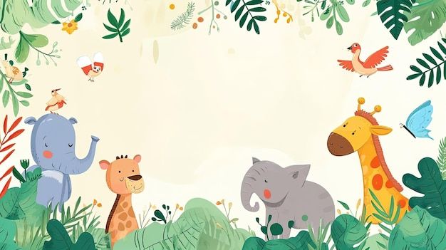 Hình nền mầm non dễ thương với con vật trong rừng và đồng cỏ