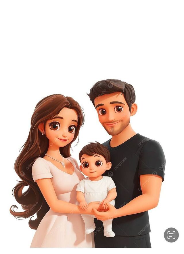 Hình chibi bé trai thôi nôi chụp cùng ba mẹ
