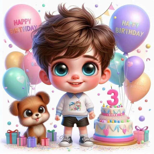 Hình chibi bé trai sinh nhật 3 tuổi phong cách dễ thương