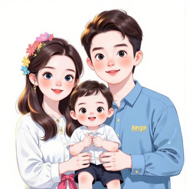 Hình chibi bé trai thôi nôi cùng phụ huynh