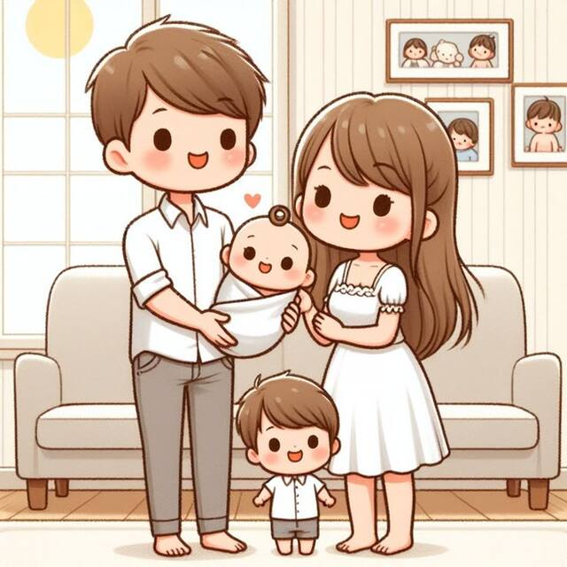 Hình chibi bé trai thôi nôi bên gia đình ấm áp