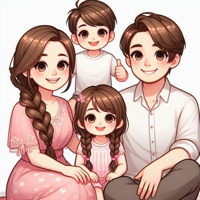 Hình chibi bé trai thôi nôi tạo dáng cùng phụ huynh
