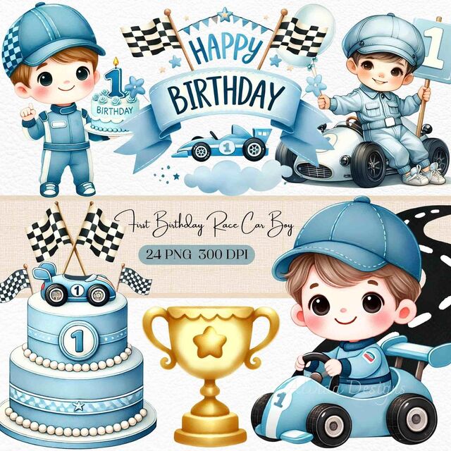 Hình chibi bé trai sinh nhật chủ đề ô tô đua ngộ nghĩnh