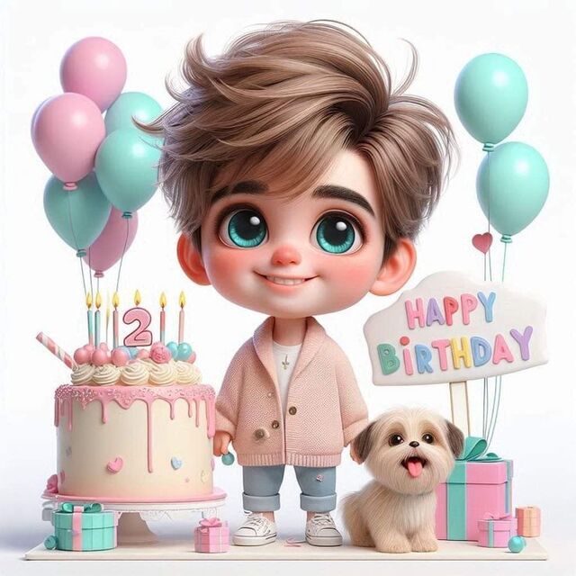 Hình chibi bé trai sinh nhật 2 tuổi phong cách dễ thương