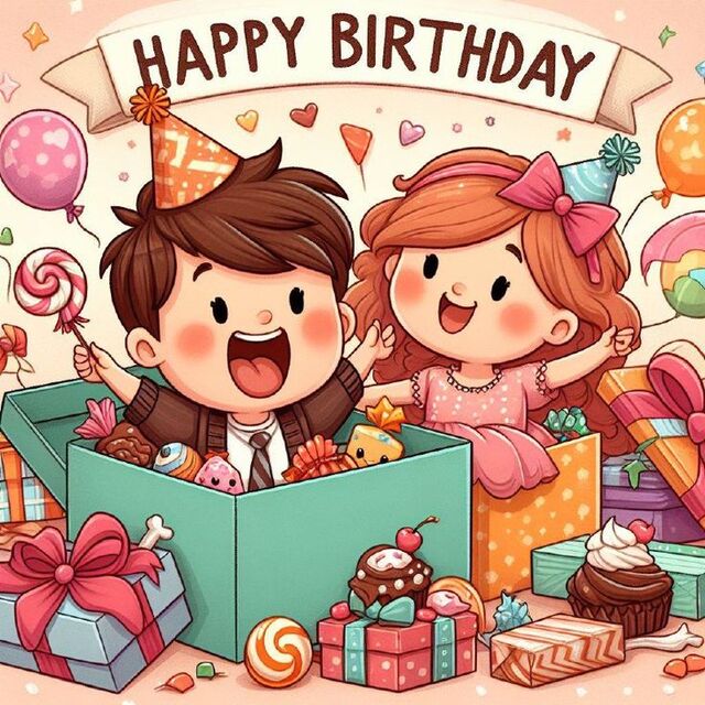 Hình chibi bé trai tổ chức tiệc sinh nhật cùng bạn