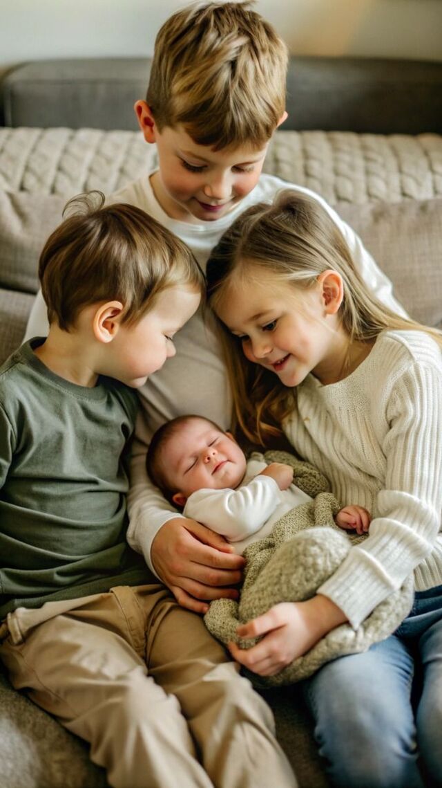 Hình ảnh bé sơ sinh và anh chị thân thiết đáng yêu