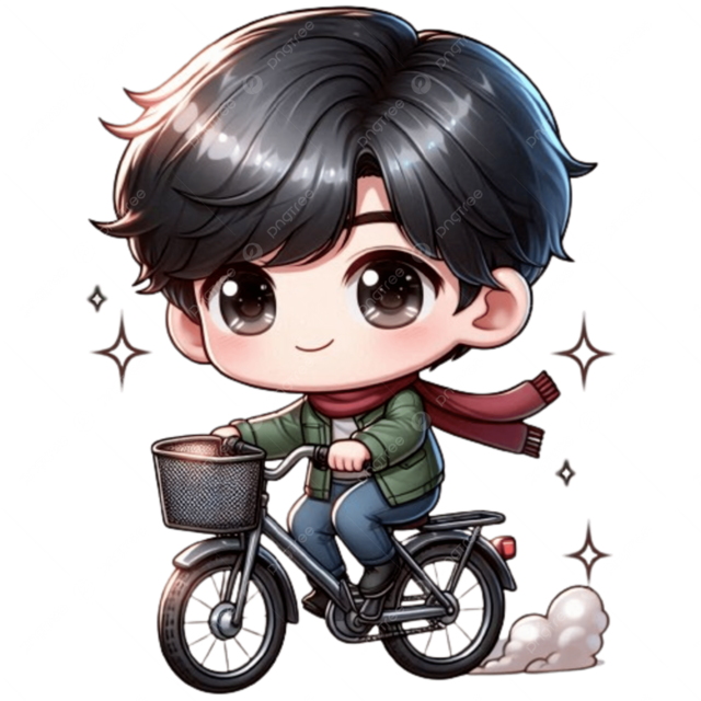 Hình chibi bé trai đang chơi đồ chơi, đạp xe, đi học