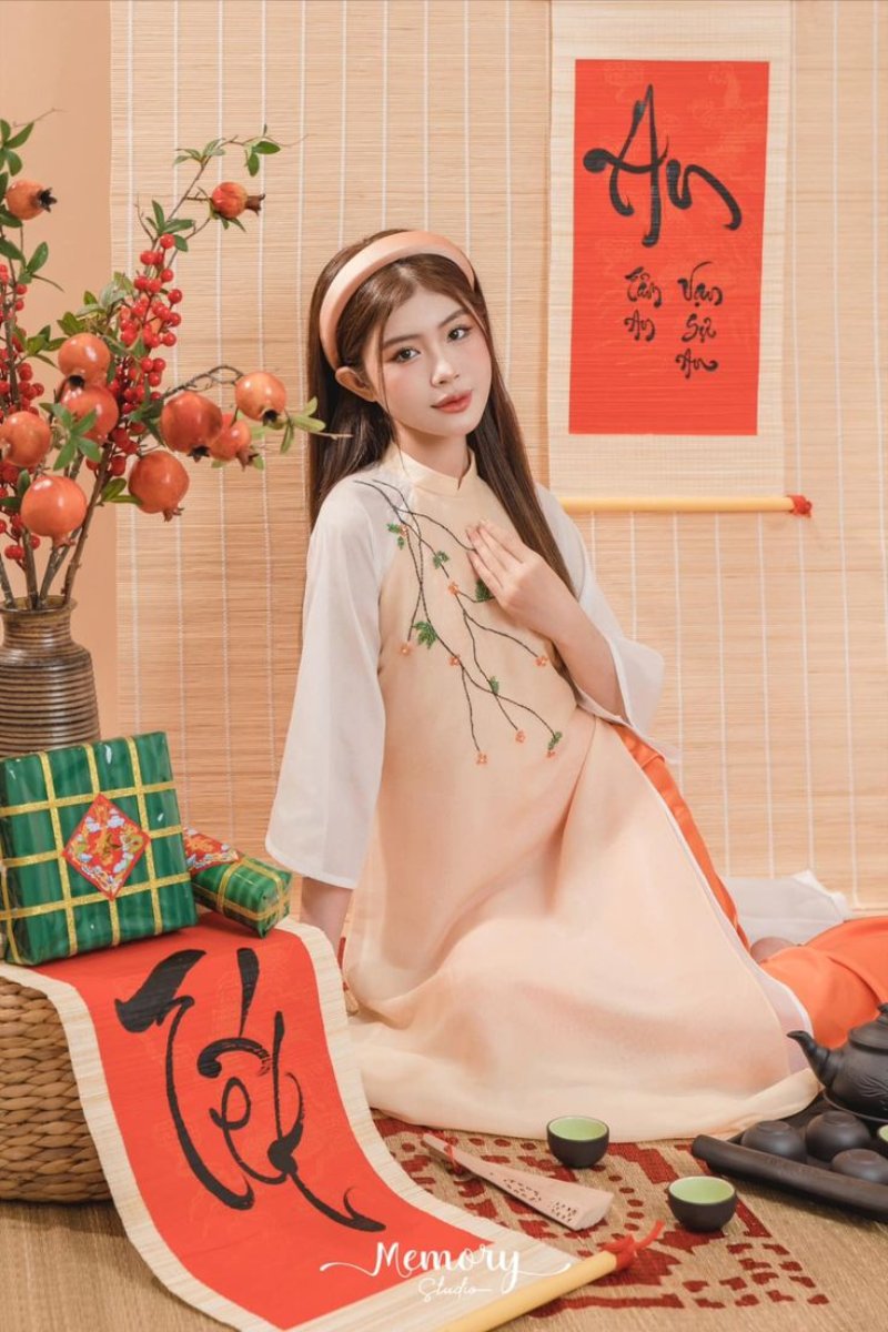 Tạo dáng chụp ảnh áo dài Tết với câu đối đỏ