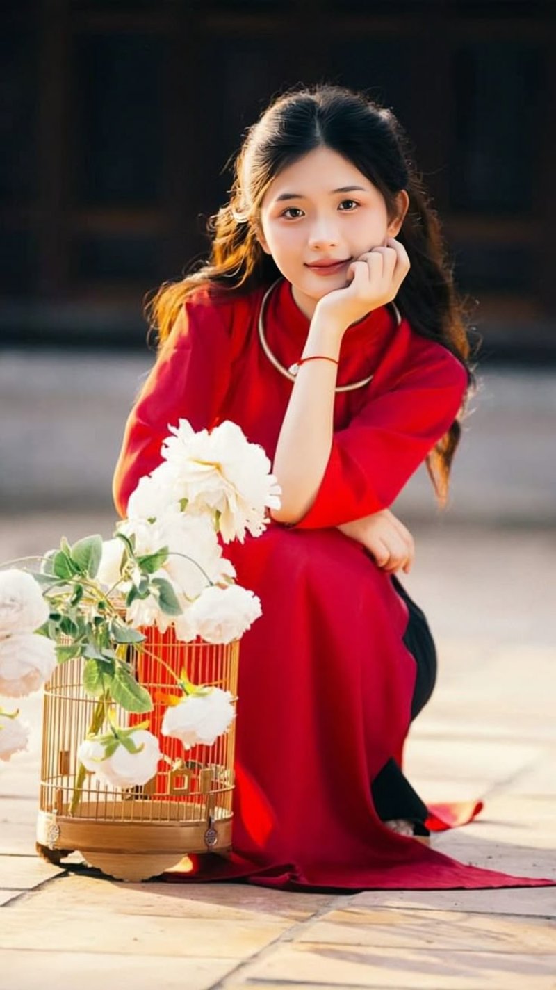 Tạo dáng ngồi chụp ảnh áo dài Tết