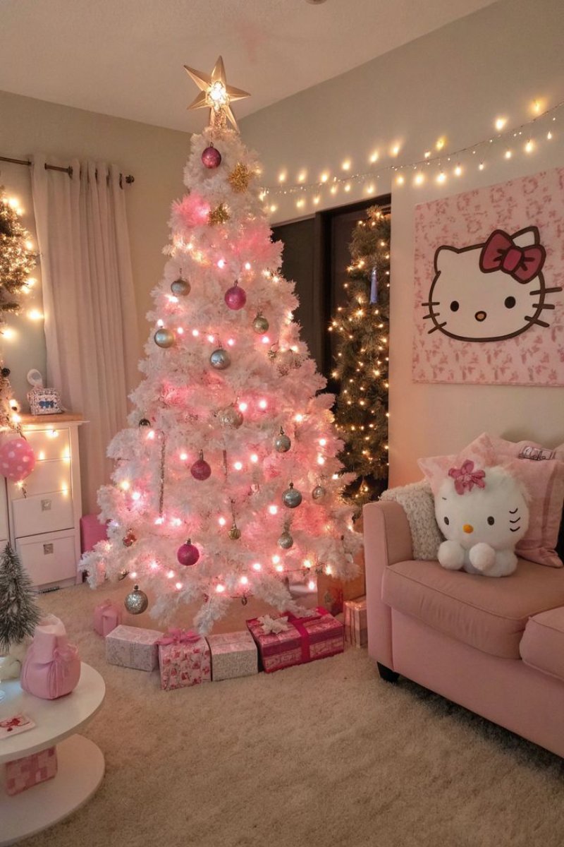 Trang trí cây thông theo tông màu hồng