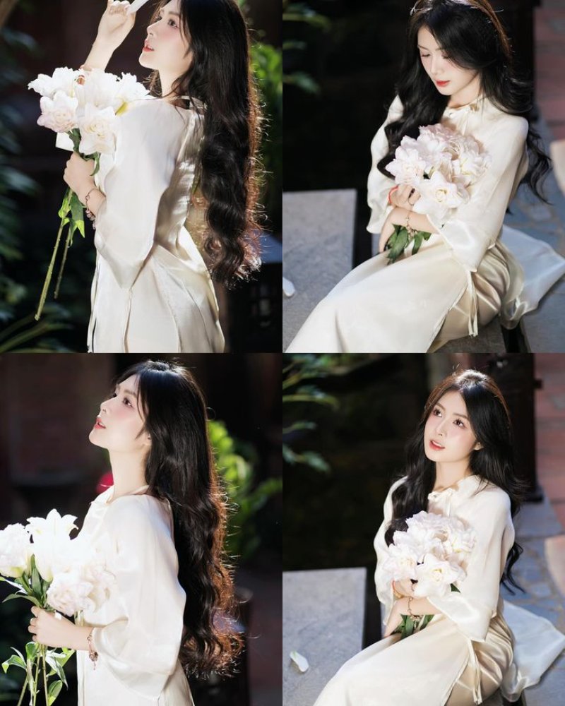 Chỉnh dáng chụp ảnh áo dài khi ngắm hoa