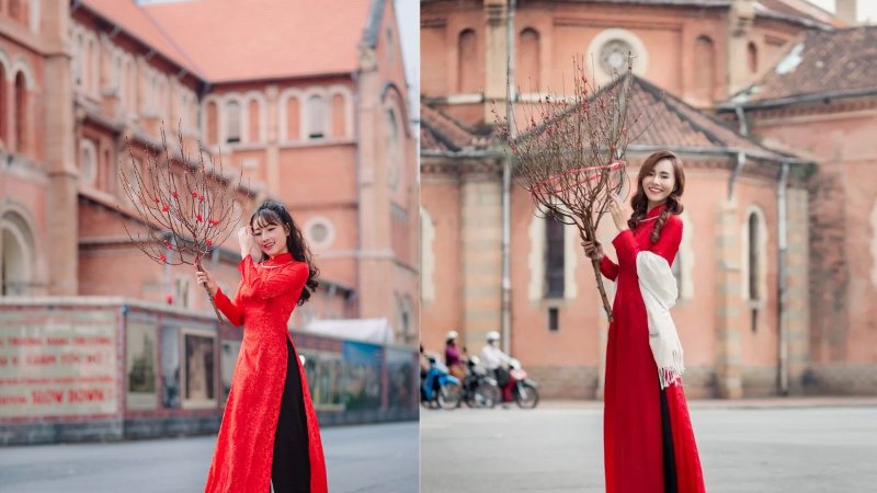 Chụp hình mặc áo dài ở nhà thờ Đức Bà