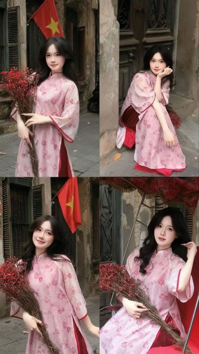 Tạo dáng chụp Tết đang cầm hoa