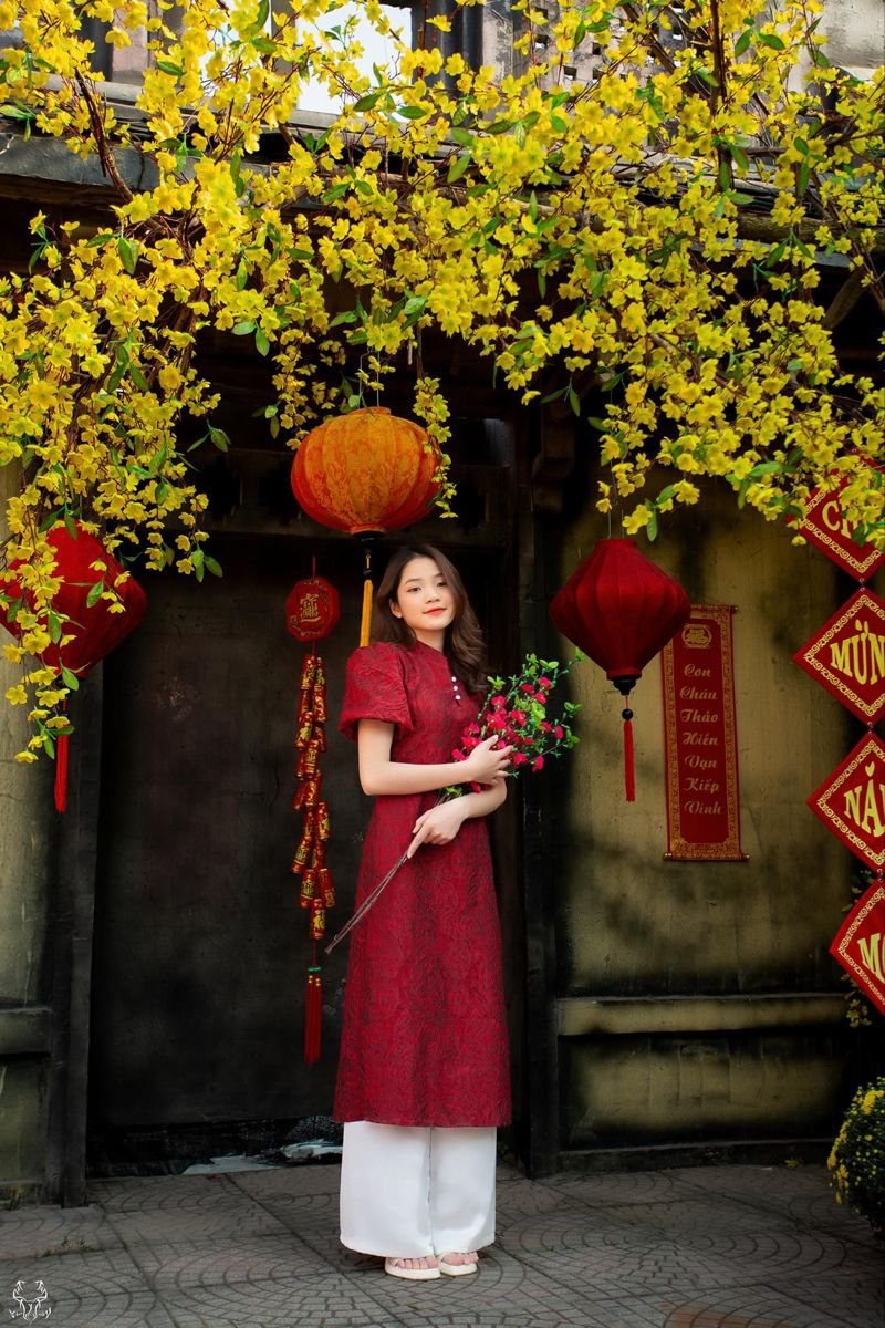 Tạo dáng chụp ảnh Tết với hoa mai