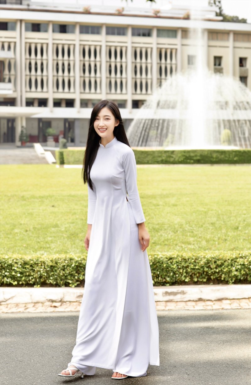 Tạo khung hình đẹp với áo dài Tết ở Dinh Độc Lập