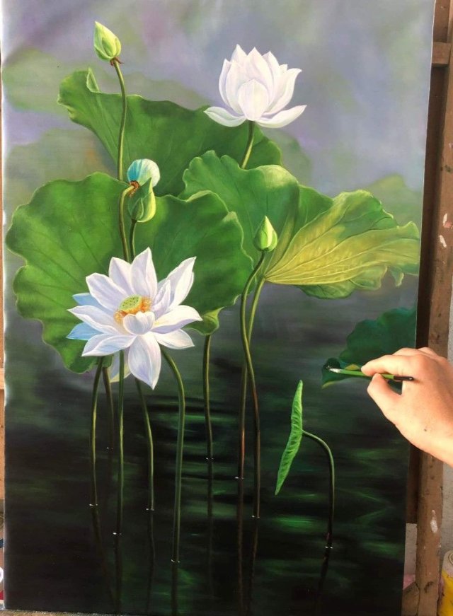 Ảnh vẽ hoa sen trắng nghệ thuật cực chất