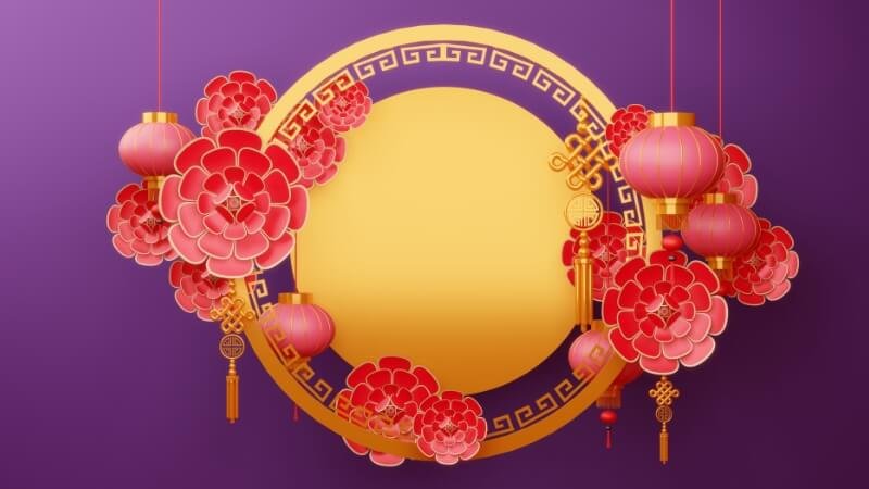 Background Tết Nguyên Đán 2026 với lồng đèn tím