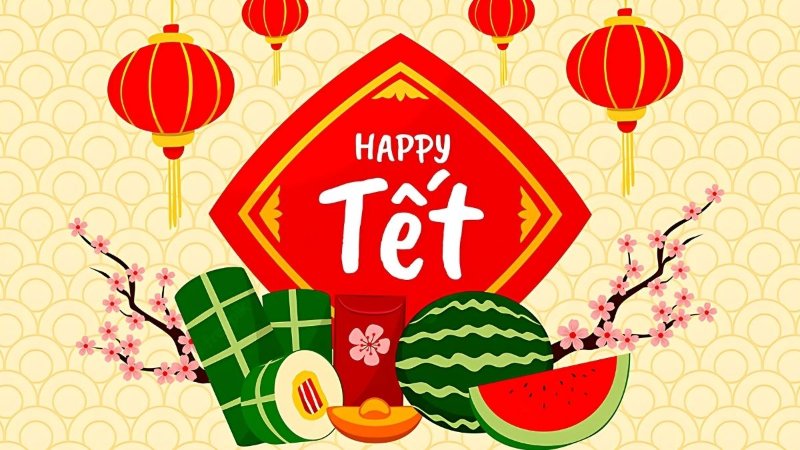 Background Tết Nguyên Đán màu vàng và dưa hấu