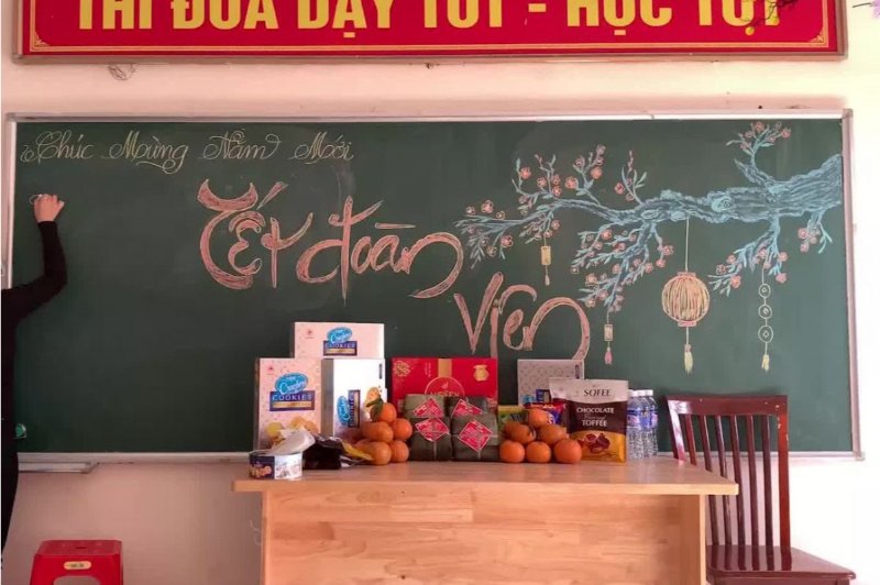 Hình ảnh Tết chúc mừng năm mới vẽ trên bảng sáng tạo