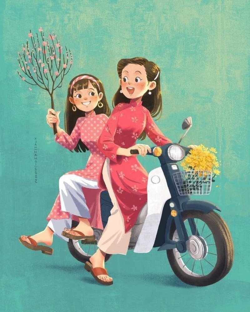 Hình vẽ tranh gia đình ngày Tết đẹp