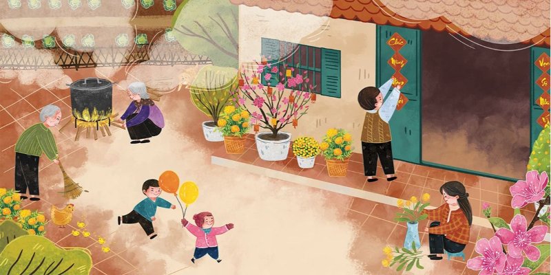 Hình vẽ tranh gia đình ngày Tết nổi bật