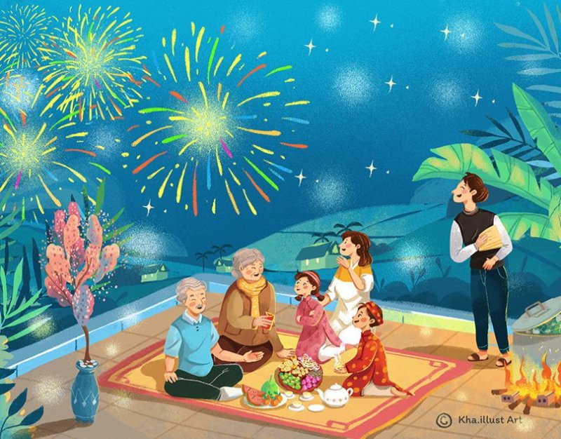 Hình vẽ tranh gia đình ngày Tết pháo hoa