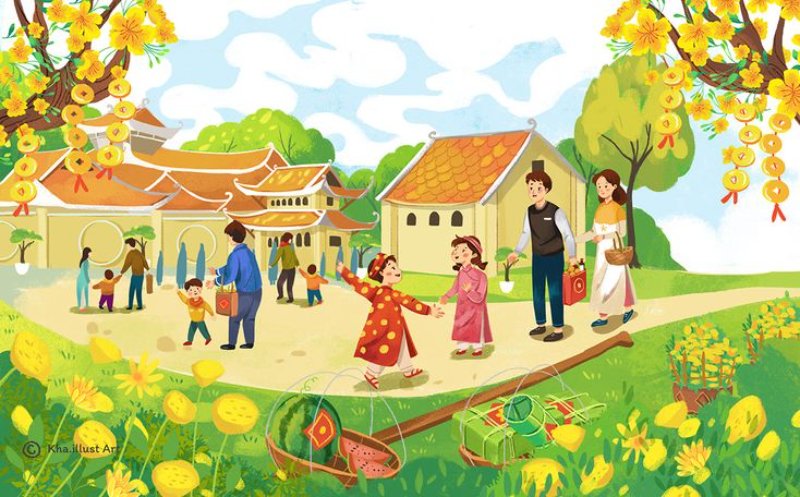 Hình vẽ tranh gia đình ngày Tết rực rỡ