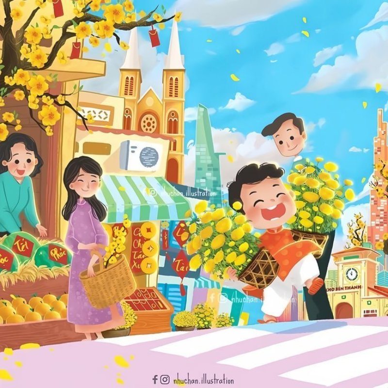 Hình vẽ tranh gia đình ngày Tết