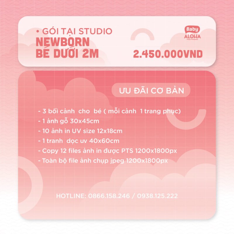 Gói chụp ảnh sơ sinh tại studio (cho bé dưới 2 tháng)