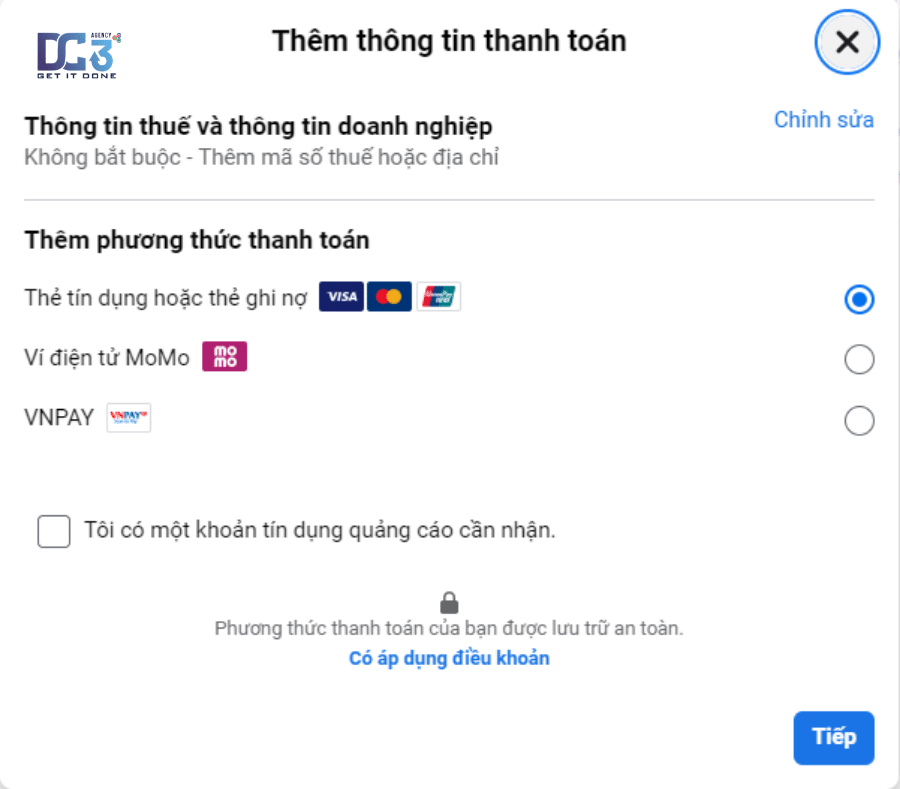 Sếp bấm vào "thêm phương thức thanh toán ngay" sau đó thì các sếp add thẻ bình thường.