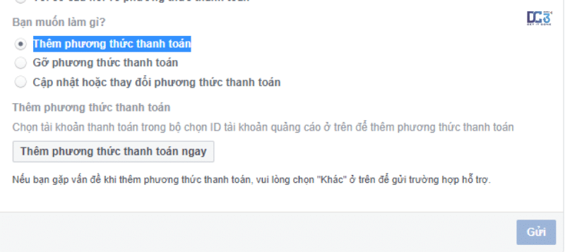 Chọn "Tôi có câu hỏi về phương thức thanh toán" và tích ô "Thêm phương thức thanh toán"