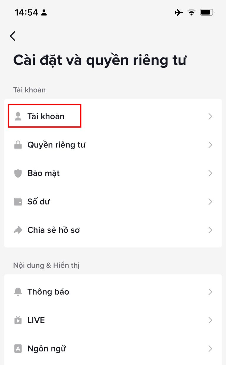 Chọn mục tài khoản