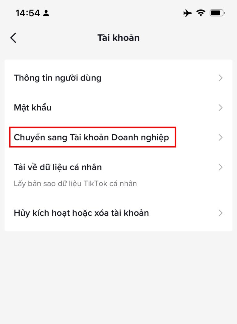 Chọn chuyển sang tài khoản doanh nghiệp