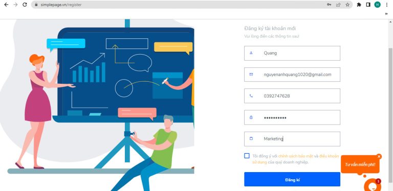 Đăng ký tài khoản để đăng nhập vào Simple Page