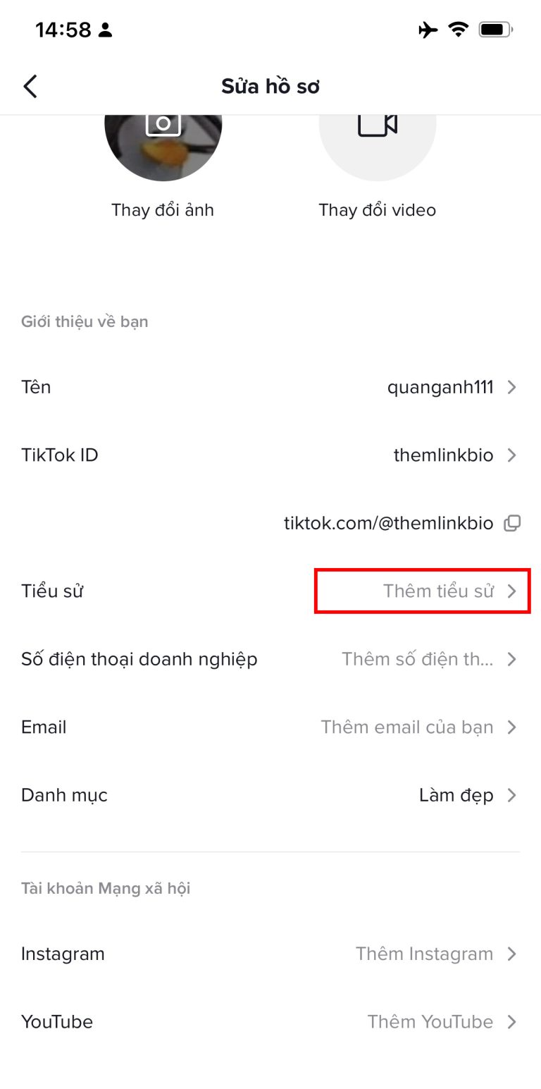 Chọn vào thêm tiểu sử