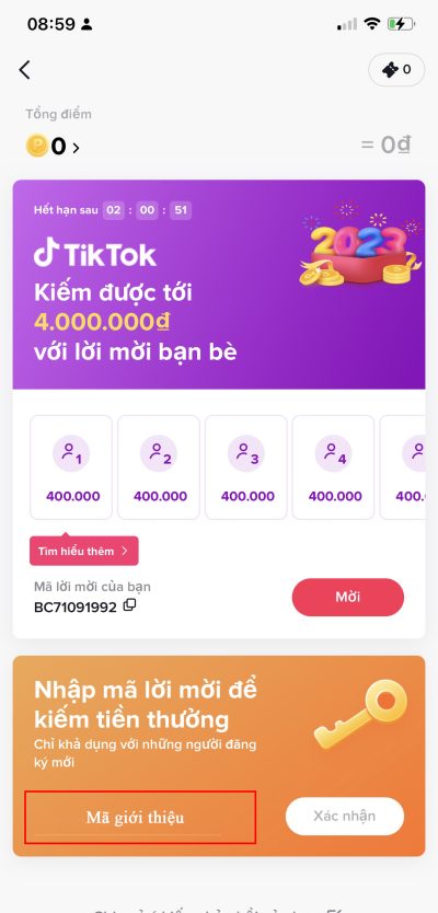 cách nhập mã mời tiktok